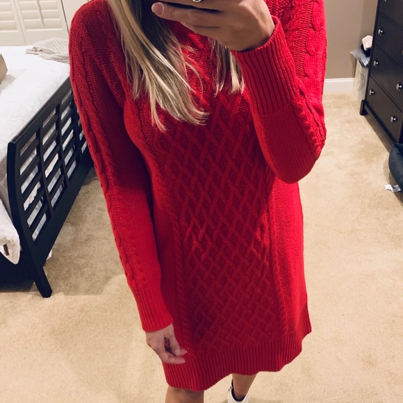red cable knit sweater dress